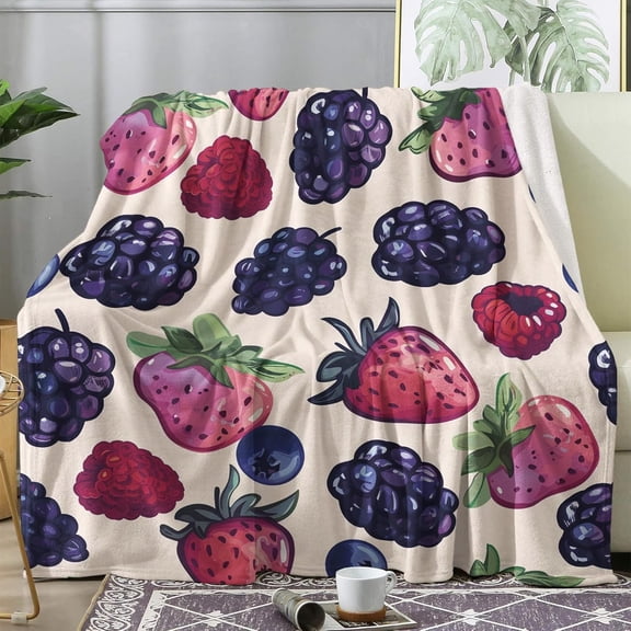 Strawberry Blueberry Throw Blanket, Cartoon Fruit Blankets Fleece Super Soft Cozy Lightweight for Couch Bed and Sofa, Fruit Themed Throw Blanket Flannel Fluffy Warm for All Seasons, 60"x80"