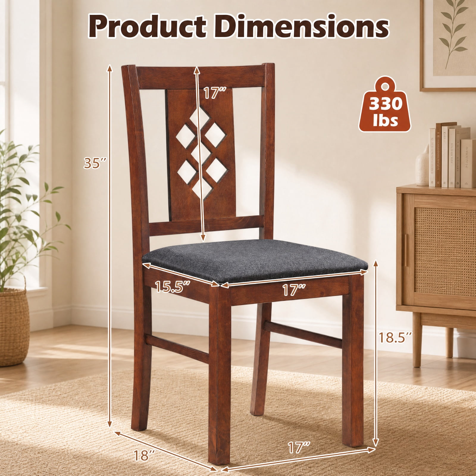 Furnibear Linen Style Upholstered Dining Chairs Set of 2 with Diamond Tufted Backrest and Rubber Wood Frames for Kitchen and Dining Room, Cherry