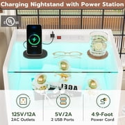 AOGLLATI White Nightstand with Charging Station and LED Lights, 2 Drawers LED Night Stand with Tempered Glass Tabletop, Modern End Side Tables with Pull-Out Tray, Open Storage Bedside Tables