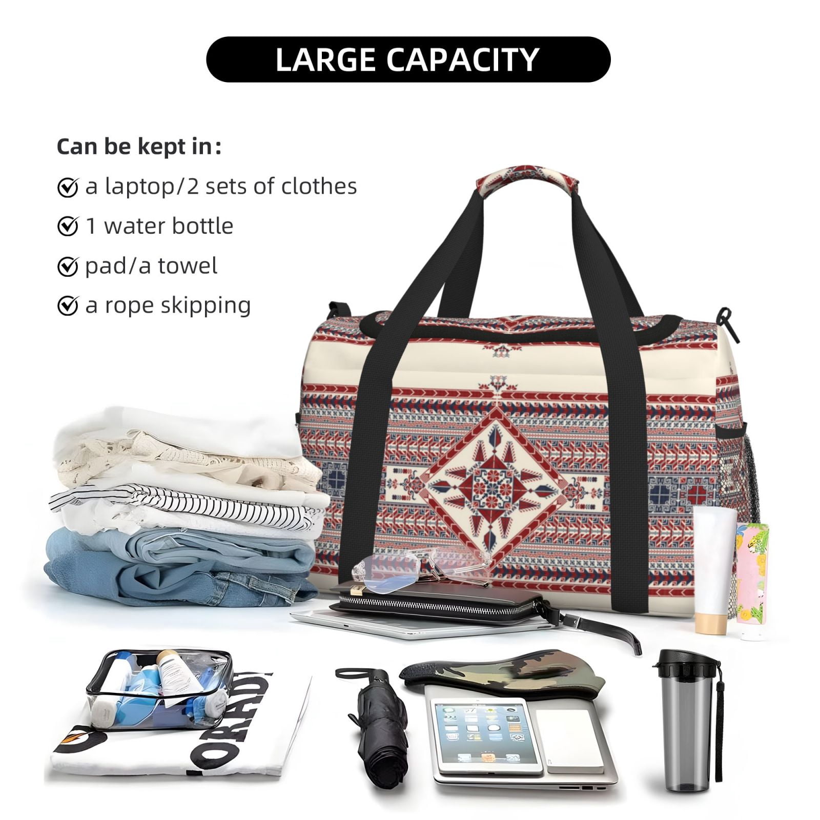 Fuzoiu Fashion Tatreez Print Travel Duffle Bag,Carry On Tote Bags,Duffel Bag,Sport Gym Bag, Hospital Bag for Labor and Delivery, Overnight Bag,Luggage Bag