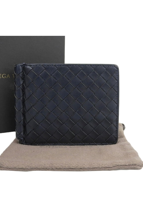 Pre-Owned Bottega Veneta Intrecciato Folding Wallet with Money Clip in Navy Leather (Good)