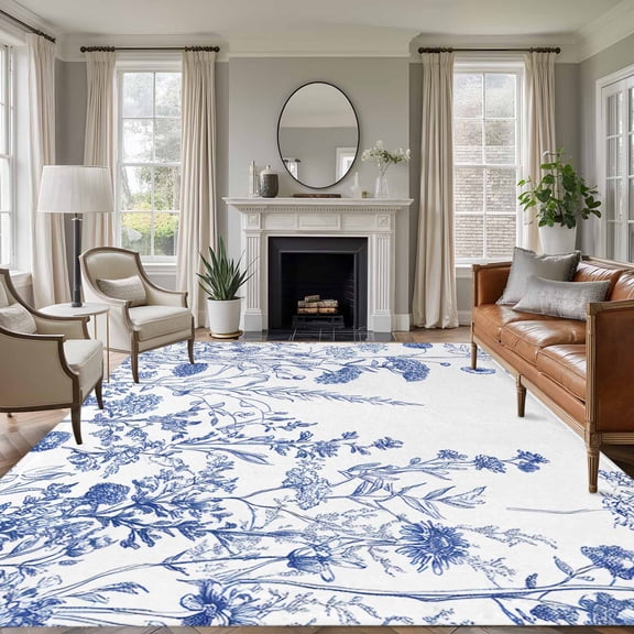 Blue Flower Plant Large Area Rug 8x10 FT, Non Slip Living Room Throw Carpet, Retro Country Tree Branch Leaves Washable Soft Indoor Outdoor Carpet Non-Shedding Rug for Bedroom Dining Room