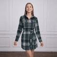 thumbnail image 2 of Women Plaid Polyester Shirt Dresses, Casual Color Block Long Sleeve Fake Pocket Belted Woolen-Look Mini Shirt Dress, 2 of 6
