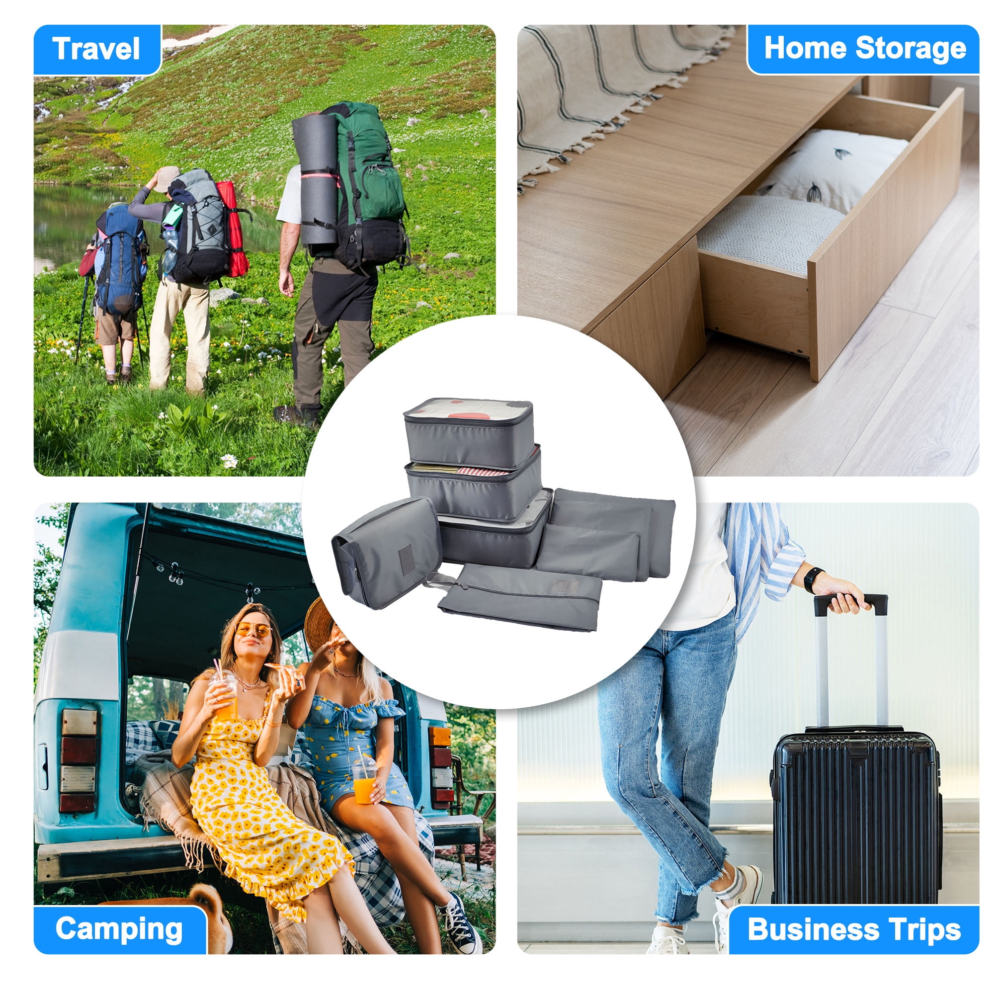 Unique Bargains 8 Pcs Zipper Design Packing Cube Set for Luggage Gray