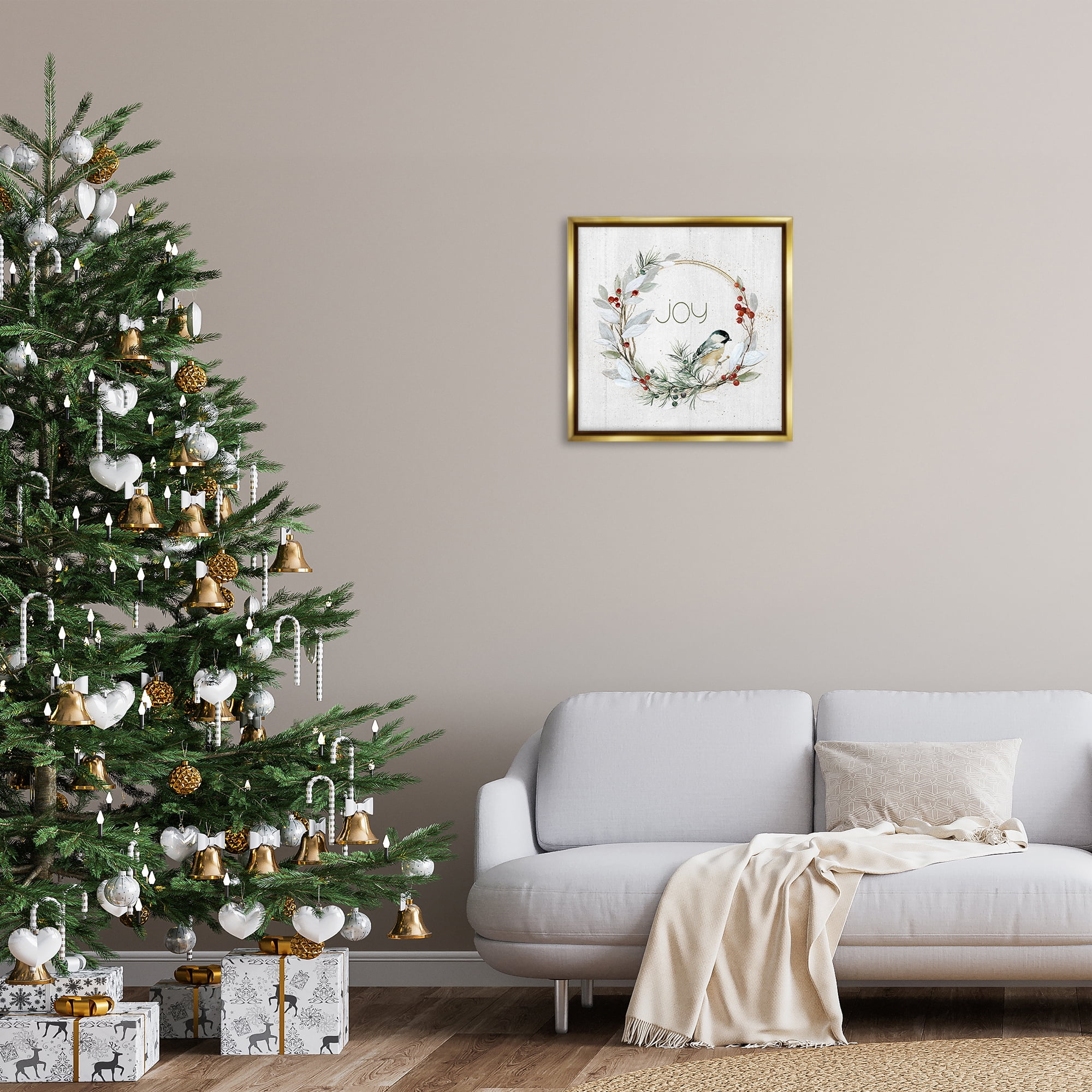 Stupell Industries Simple Joy Winter Wreath Holiday Painting Gold Floater Framed Canvas Art Prints Wall Art, 25 x 25