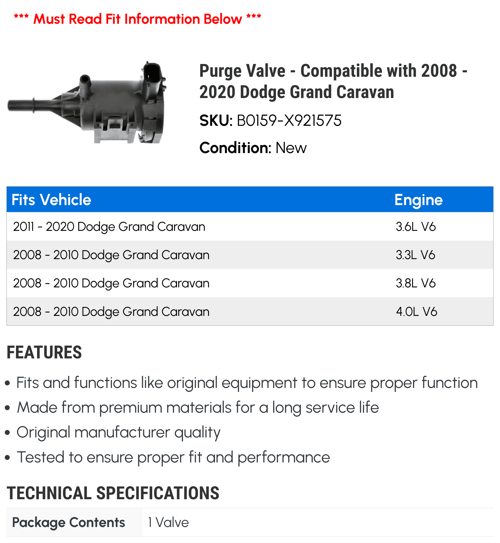 Purge Valve - Compatible with 2008 - 2020 Dodge Grand Caravan 2009 2010 2011 2012 2013 2014 2015 2016 2017 2018 2019