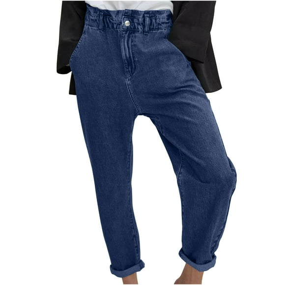 AherBiu Womens Jeans Elastic High Waisted Baggy Loose Streetwear Going out Denim Pants Trousers with Pockets