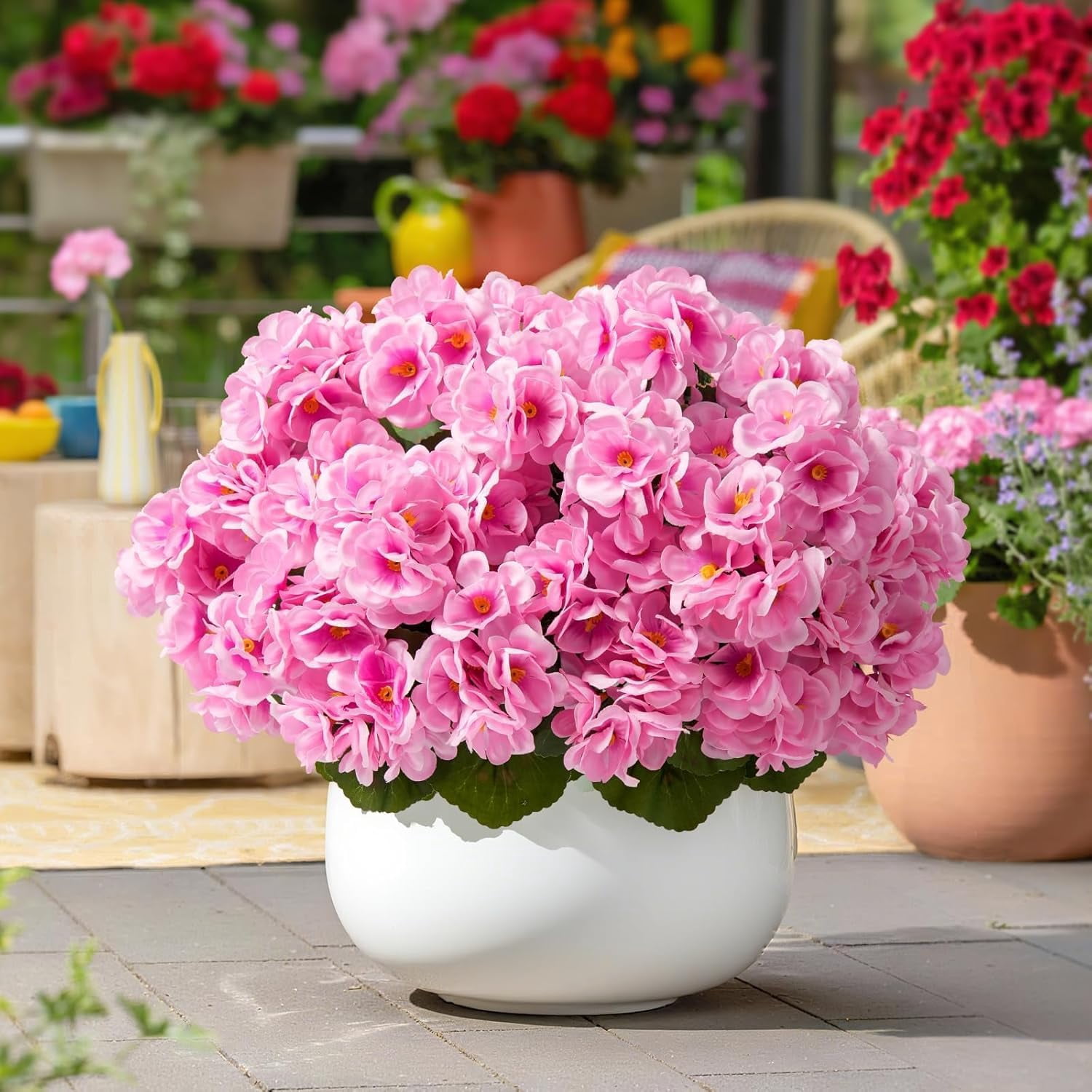 Artificial Geraniums for Outdoors Faux Plants UV Resistant Flowers Outside Fake Silk Flowers Bulk Realistic Plastic Greenery for Home Porch Planter Patio Decor, 6 Bundles (Pink)