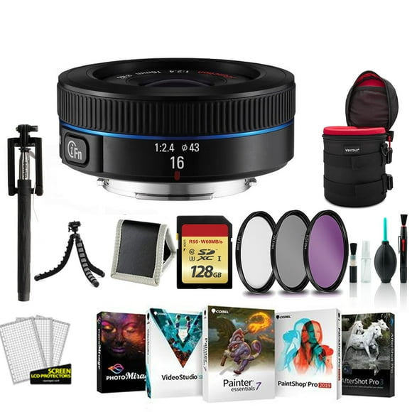 Samsung 16mm F/2.4 Compact i-Function Wide Lens for Samsung NX Cameras (EX-W16ANB)- Bundle with 128GB Memory Card, Carrying Case, Cleaning Kit, Corel Photo-Video-Art Suite + More