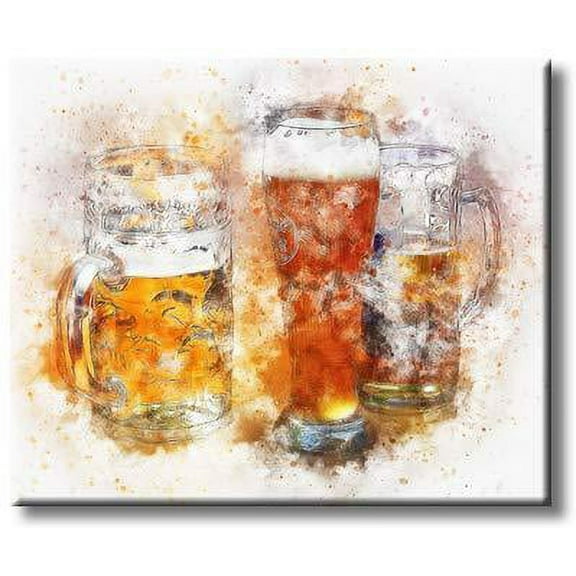 Beer Mug and Glasses Party with Lot of Foam Picture on Stretched Canvas, Wall Art Décor, Ready to Hang