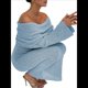 thumbnail image 3 of Vestido Ajustado Tipo Suéter con Hombros Descubiertos para Mujer, Elegante, de Larga, para Fiesta en Club, Midi y Formal. Azul M, 3 of 9
