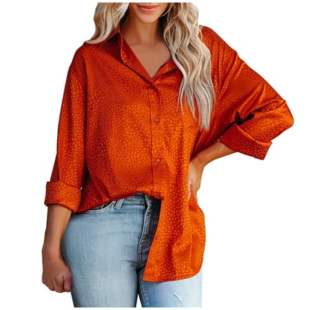 

Ziloco Fashion Women Print Casual Long Sleeve Turndown Collar Button Shirt Tops ribbed long sleeve tops for women maternity tops Orange XXL