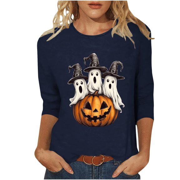 Funny Crewneck Tshirts Womens 3/4 Sleeve Halloween Graphic Tee Tops Cute Ghost Soft Loose Pullover Navy 2XL