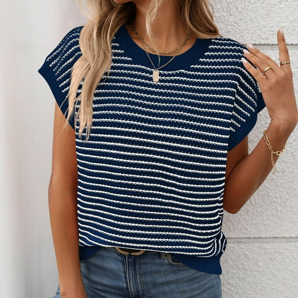 mfyjkho Tops Para Mujer, Blusas De Cuello Redondo Y Manga Corta Con Cremallera A Rayas Para Mujer Tops De Tallas Grandes S