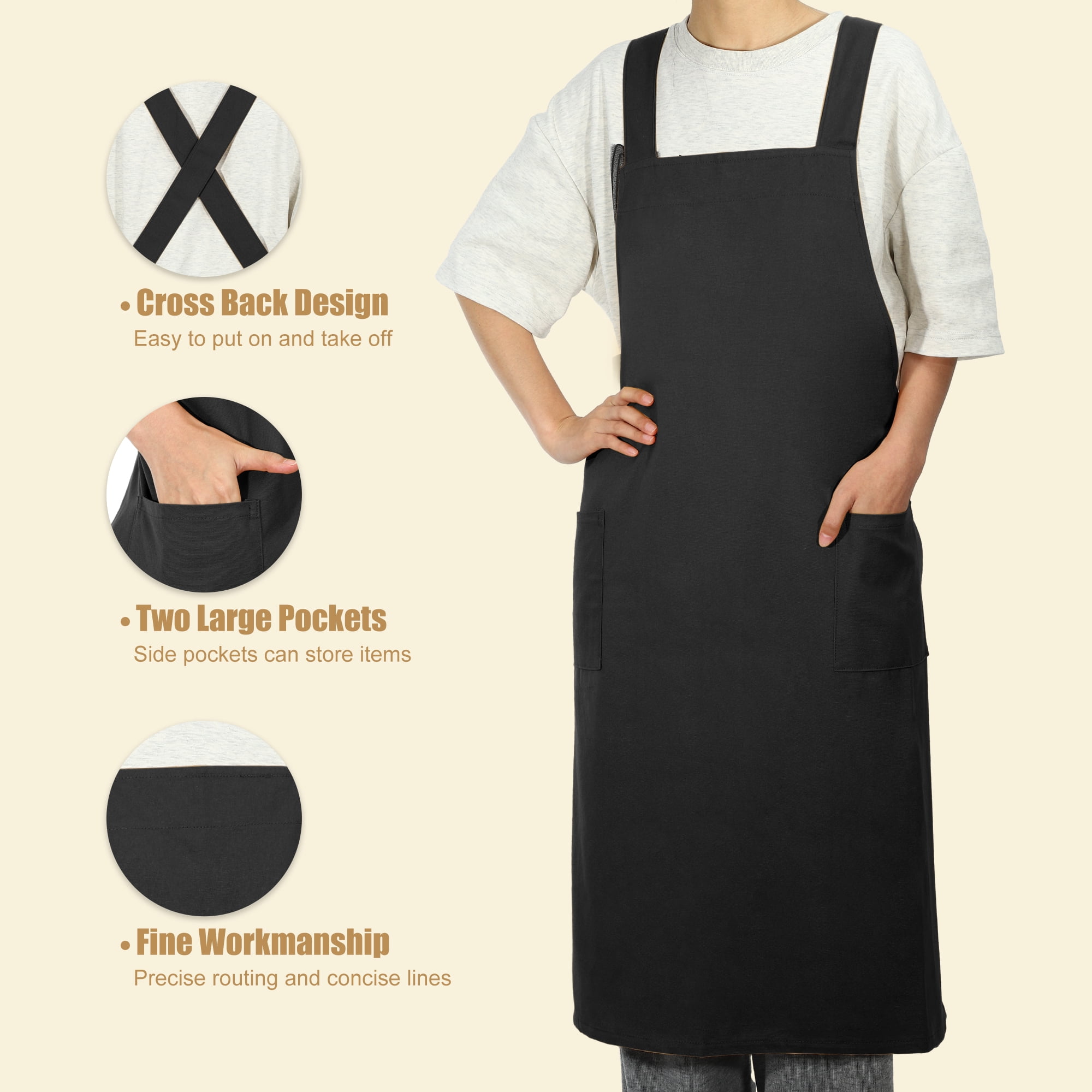 Unique Bargains Cotton Linen Apron Cross Back Apron with Pockets Black
