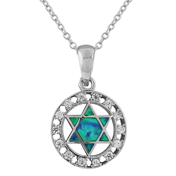 925 Sterling Silver Jewish Star of David Blue Turquoise-Tone Simulated Opal CZ Pendant Necklace
