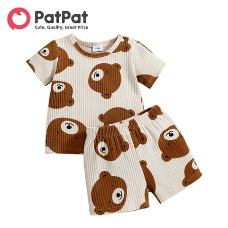 

PatPat 2pcs Baby Boy/Girl 97% Cotton Ribbed Short-sleeve All Over Cartoon Bear Print Top and Shorts Set