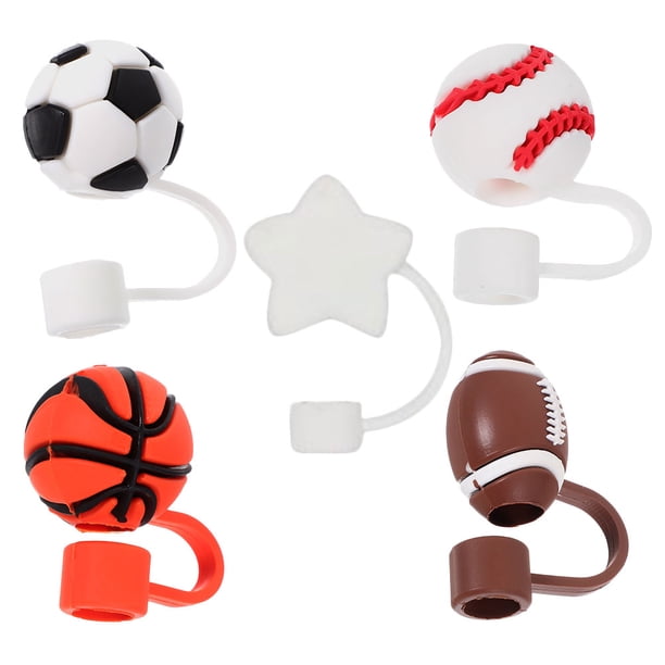 KAKOWELY 5 tapas para pajitas, bonitas pelotas deportivas de silicona, bonitas tapas para pajitas, pajitas reutilizables, tapas de silicona para pajitas de fiesta.
