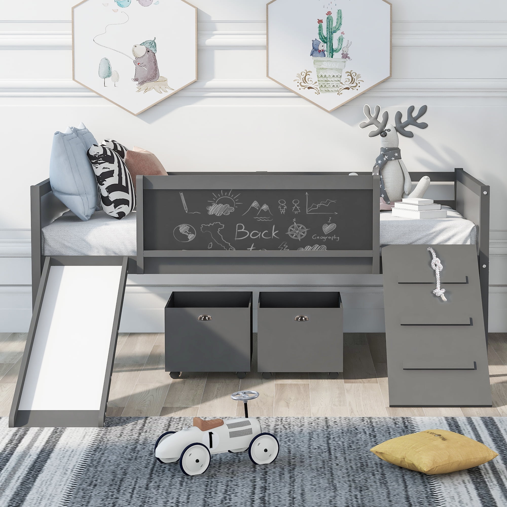 Aukfa Kids Low Loft Bed with Slide and Chalkboards, Twin Platform Bed with Storage Boxes - Gray