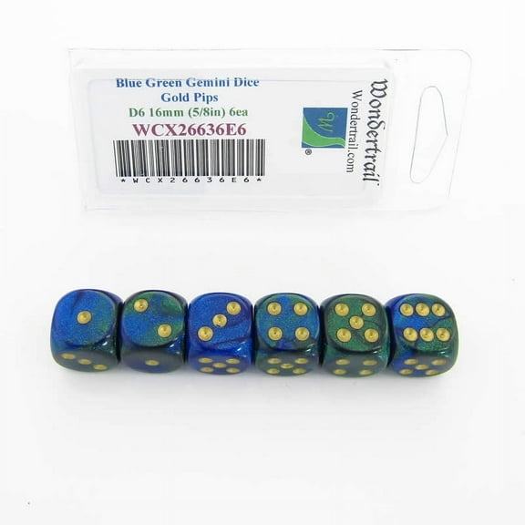 Blue and Green Gemini Dice with Gold Pips D6 16mm (5/8in) Pack of 6 Wondertrail