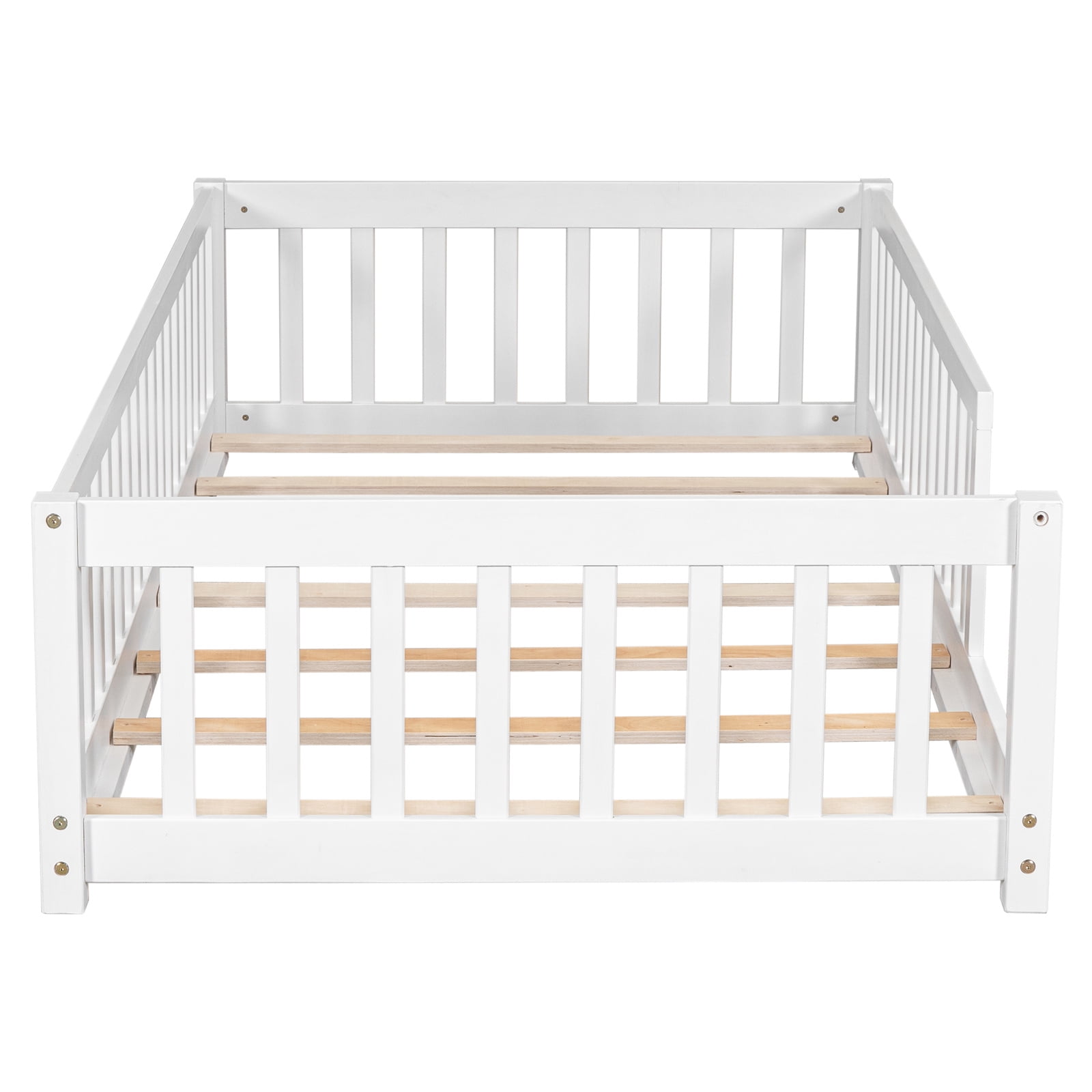 Twin Floor Bed with Fence for Kids, Solid Pine Wood Montessori Bed Frame with Guardrails and Slats System, Playhouse Design Platform Bed for Children Bedroom, Without Door, Easy Assemble,White