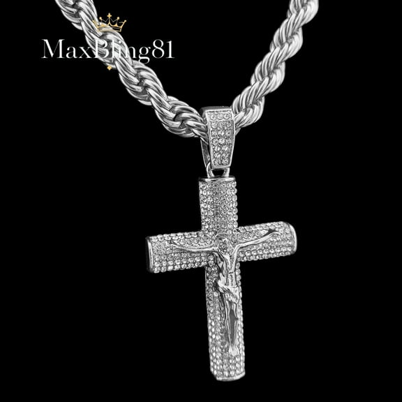 Silver Plated Jesus Cross Cubic Zirconia Hip Hop Iced Religious Pendant 8mm 24" Thick Rope Chain Necklace