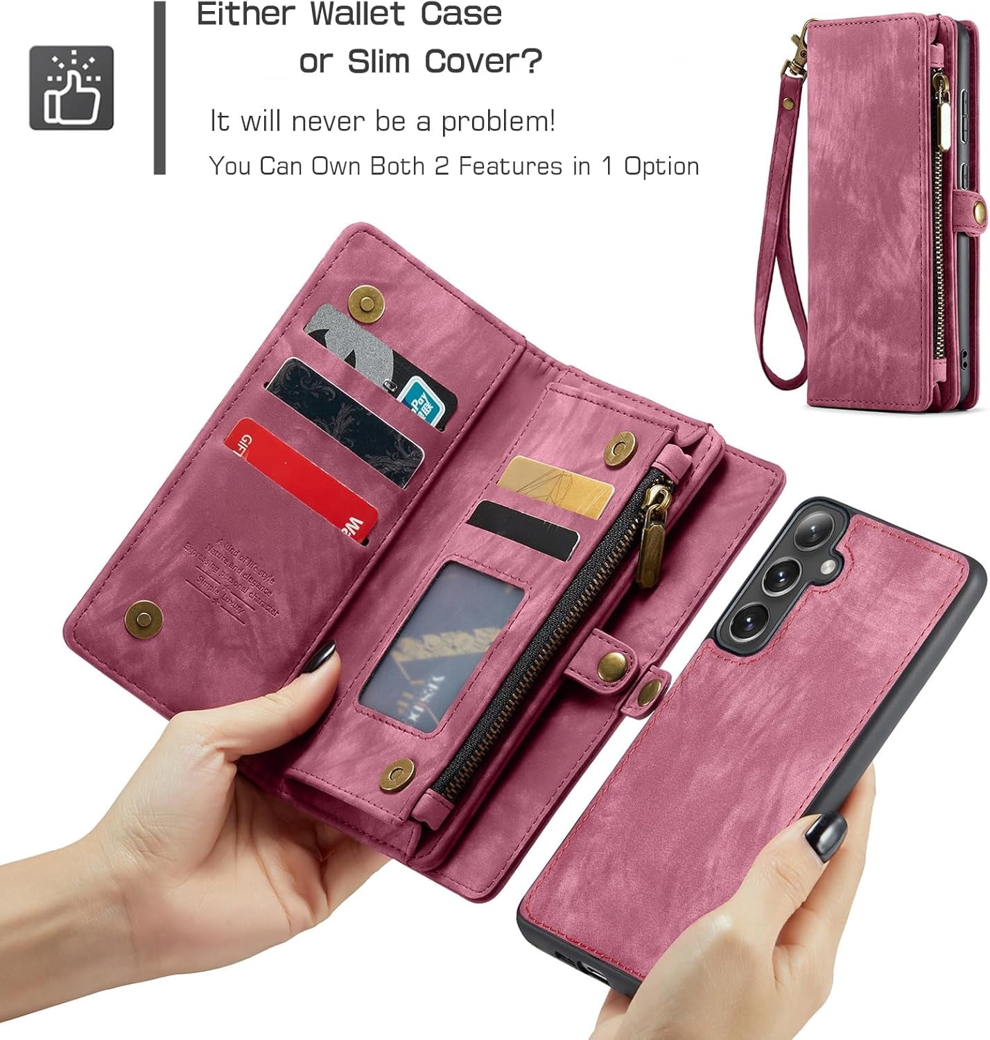 Phone Case for Samsung Galaxy S24 5G Zipper Wallet Detachable Cover with Tempered Glass Screen Protector and Leather Flip Credit Card Holder Cell Accessories S 24 24S GS24 G5 Women Men Red