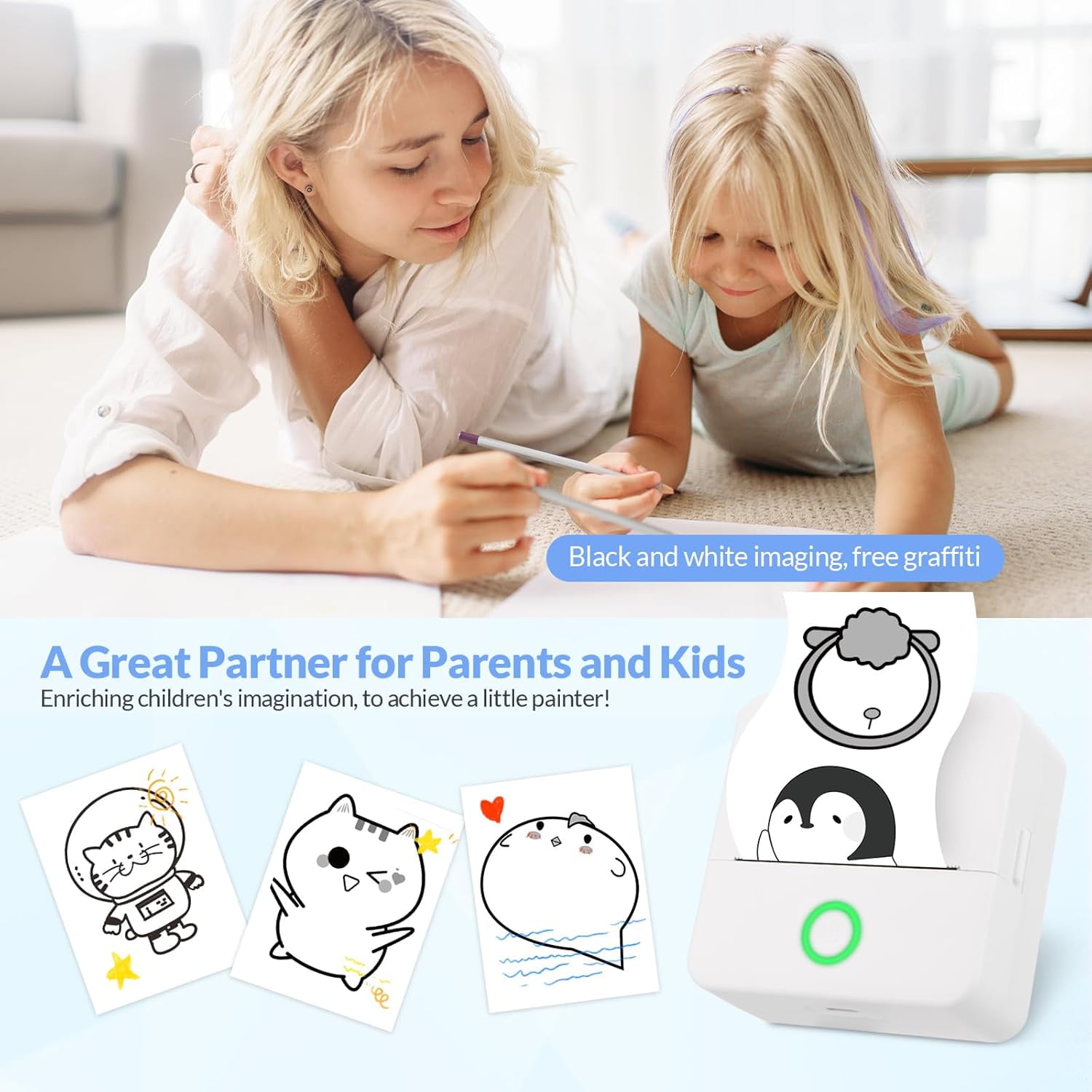 ROJAX Sticker Printer - Mini Printer Print Pods Portable Thermal Inkless Sticker Maker Machine Bluetooth Pocket Impresora Portátil Instant Print for Note, Journal, DIY, Gift (White)