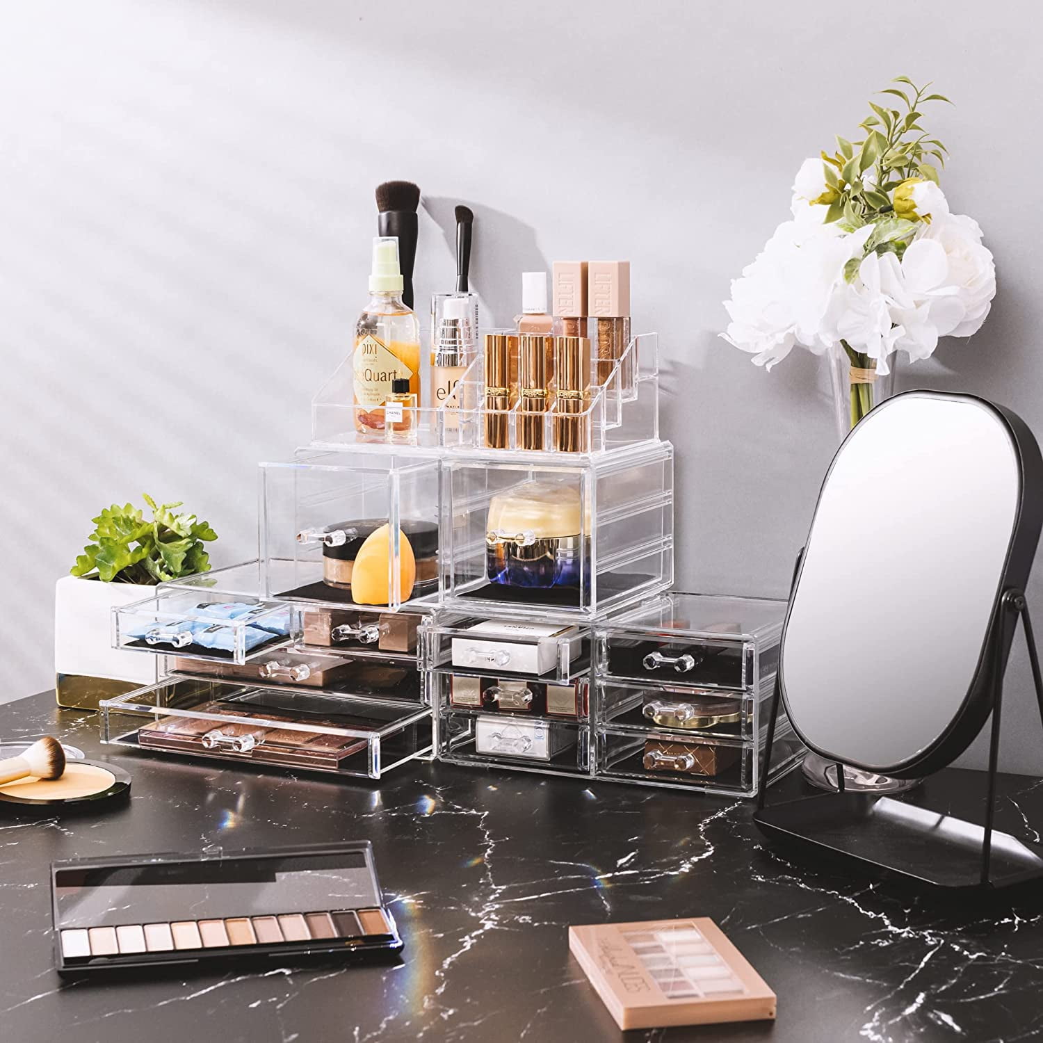 Sorbus Stackable Clear Makeup Organizer, 4-Piece, 12 Drawers, 16 Lipstick Slots