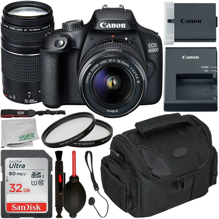 Canon EOS 4000D DSLR Camera with 18-55mm III & 75-300mm III Lens & Starter  Accessory Bundle – Includes: SanDisk Ultra 32GB SDHC Memory Card + Camera  Carrying Case + 2x Ultraviolet Filter +
