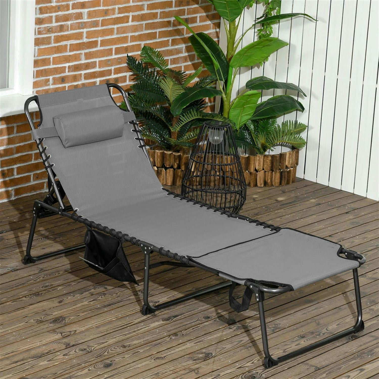 Demi Bonn Outdoor Folding Chaise Lounger with 5-Position Reclining, Built-in Reading Grommet, Side Storage, Pillow Relaxation for Sunbathing, Gray