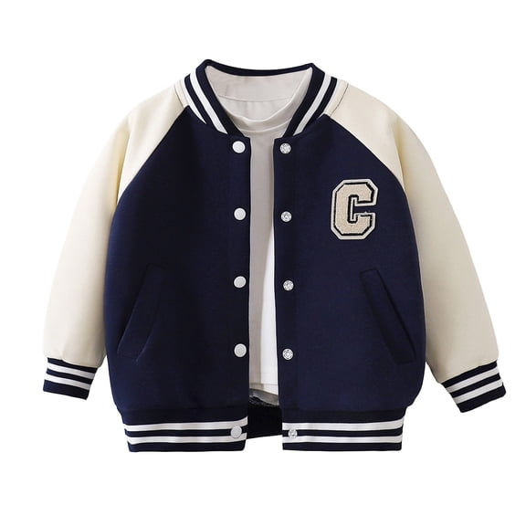 GiLiling Boys Girls Letterman Jacket Kids Varsity Bomber Jacket Lightweight Baseball Jackets Button Down Coat School Outwear (Dark Blue, 18-24 Months)