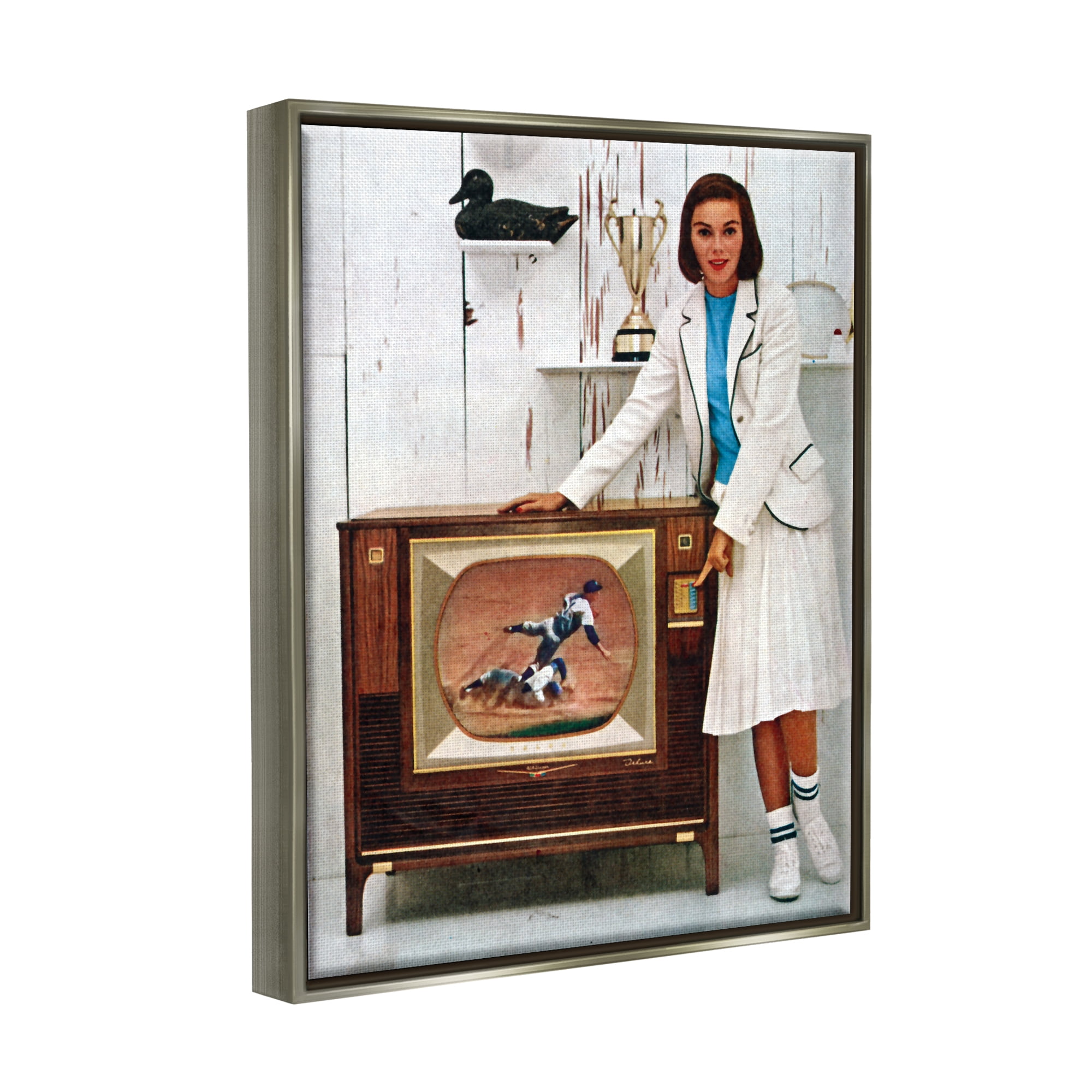 Stupell Industries Vintage Sports TV Ad Woman Beauty & Fashion Painting Gray Floater Framed Art Print Wall Art
