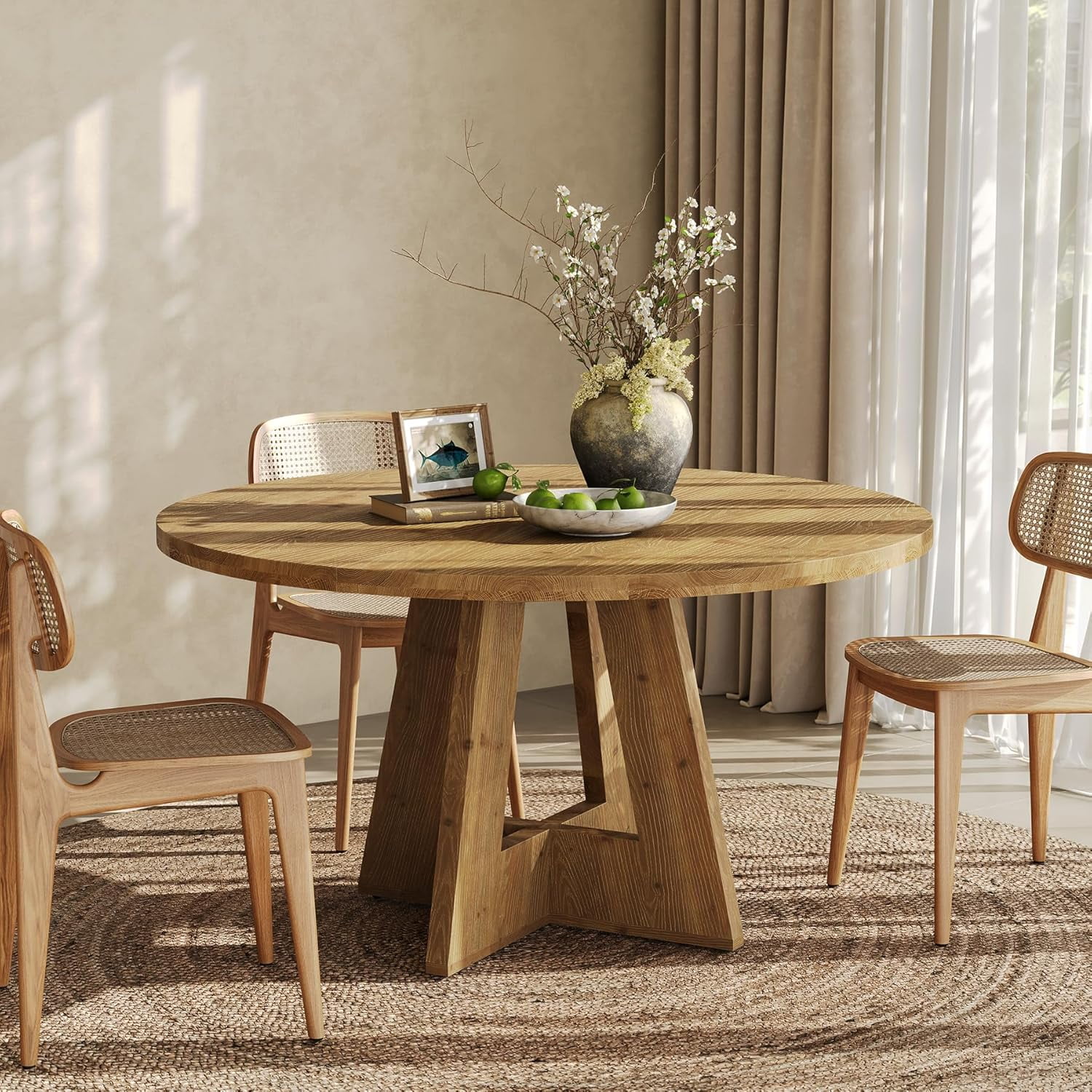 Finmind 47-Inch Solid Wood Round Kitchen Table for 4-6, Farmhouse Dining Table, Wooden Circle Dinner Table for Dining Room, Family Gathering