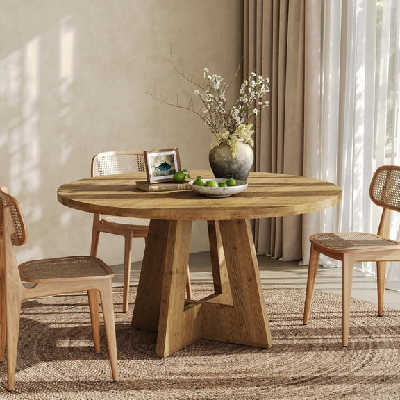 Finmind 47" Solid Wood Round Dining Table, Farmhouse Kitchen Table for 4–6, Natural Brown
