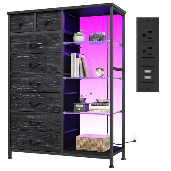 EnHomee Black Dresser for Bedroom with Acrylic Open Shelves & Charging Station Tall Dresser with 8 Fabric Drawers & LED Lights