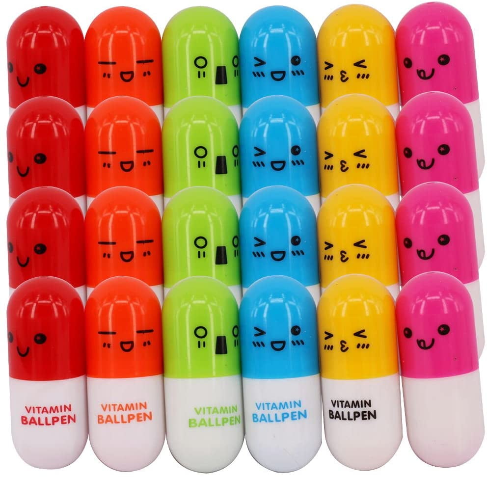 Totem World 48 Emoji Vitamin Pill Retractable Ballpoint Capsule Pen with Cute Assorted Color Emoticon Faces 
