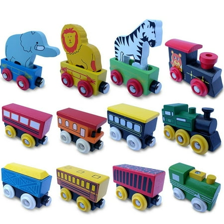 ToysOpoly The Premium 12 Pcs Wooden Engines & Train Cars Collection With 3 Extra Animals, 100% Compatible with Thomas Railway, Brio Tracks, and Chuggington System + Free Gift Box