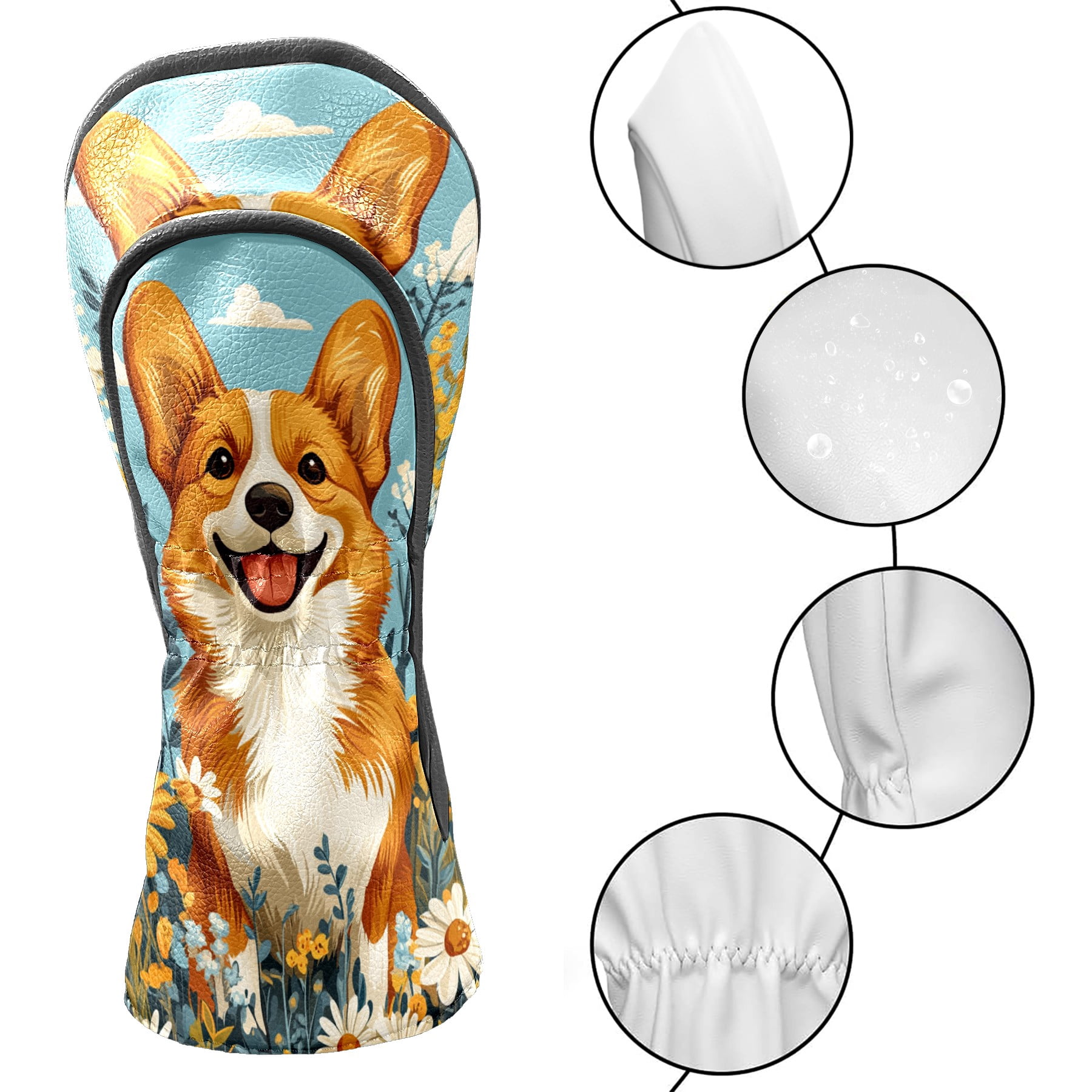 Golf Club Covers PU Leather Waterproof Head Covers for Fairway Woods Hybrids Yellow Puppy