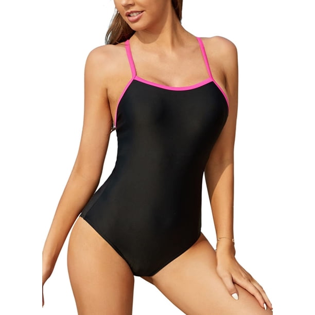 Traje de baño de Entrenamiento de una Pieza Boyleg para Mujer Traje de baño atlético con Espalda Cruzada Trajes de baño Negro-D G Negro-D G Xishao ropa