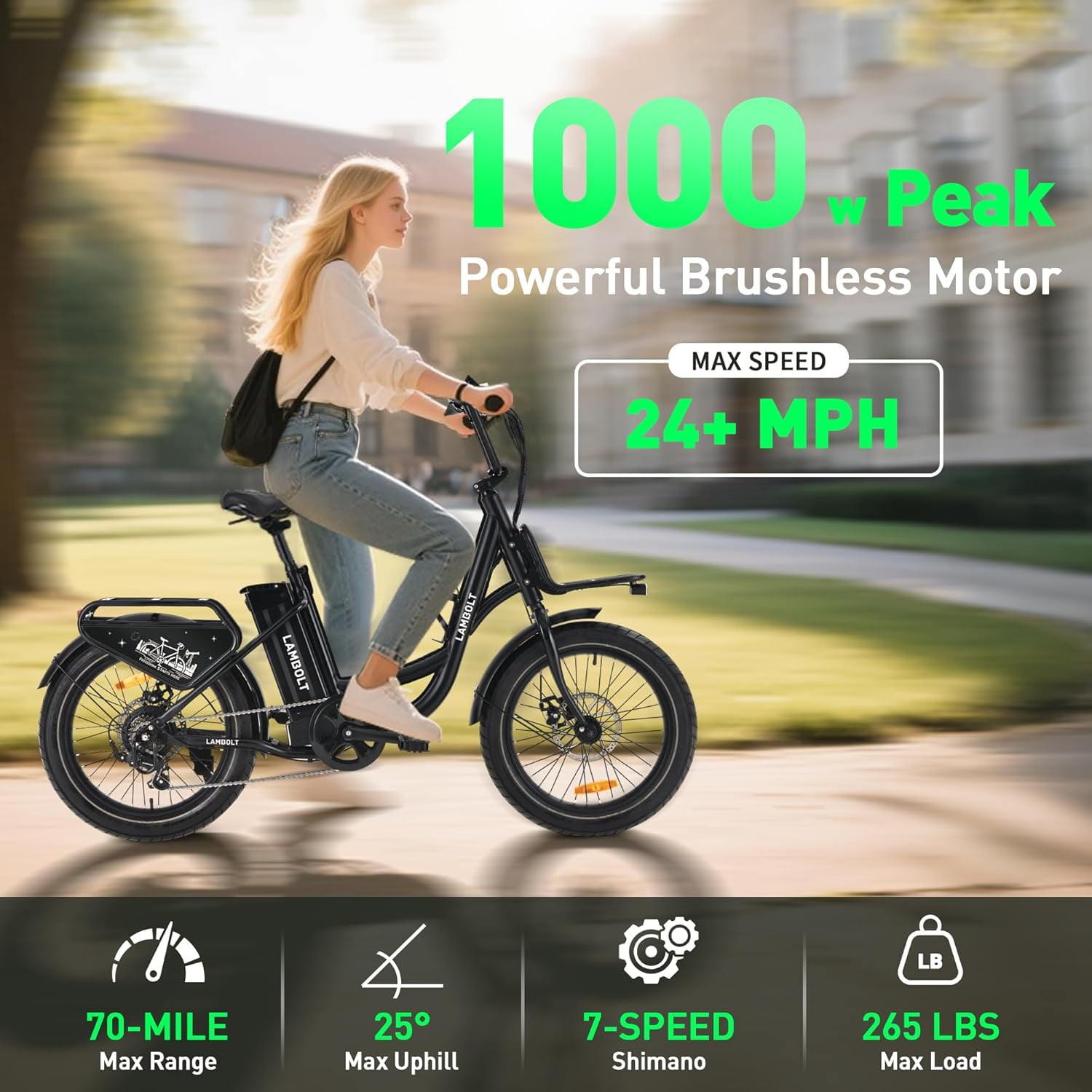 Adult Electric Bike, 1000W Peak Motor Ebike, 48V 15Ah Removable Battery, 20 inch Fat Tire, 7 Speed, Step-Thru Commuter Bicycle, 24MPH Max Speed, 70 Miles Long Range