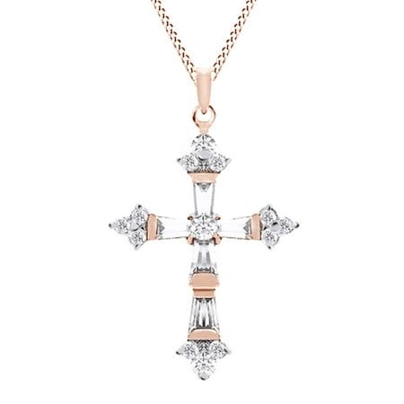 - Baguette Cut Simulated April Birthstone Cubic Zirconia Cross Pendant In 14K Rose Gold Over Sterling Silver