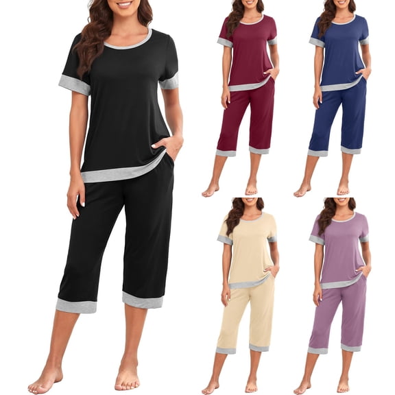 Ashirexll Pajamas for Women Set, Two Piece Sets for Women, Casual Loose Solid Color Round Neck Short Sleeve Top and Capri Pant Home Set