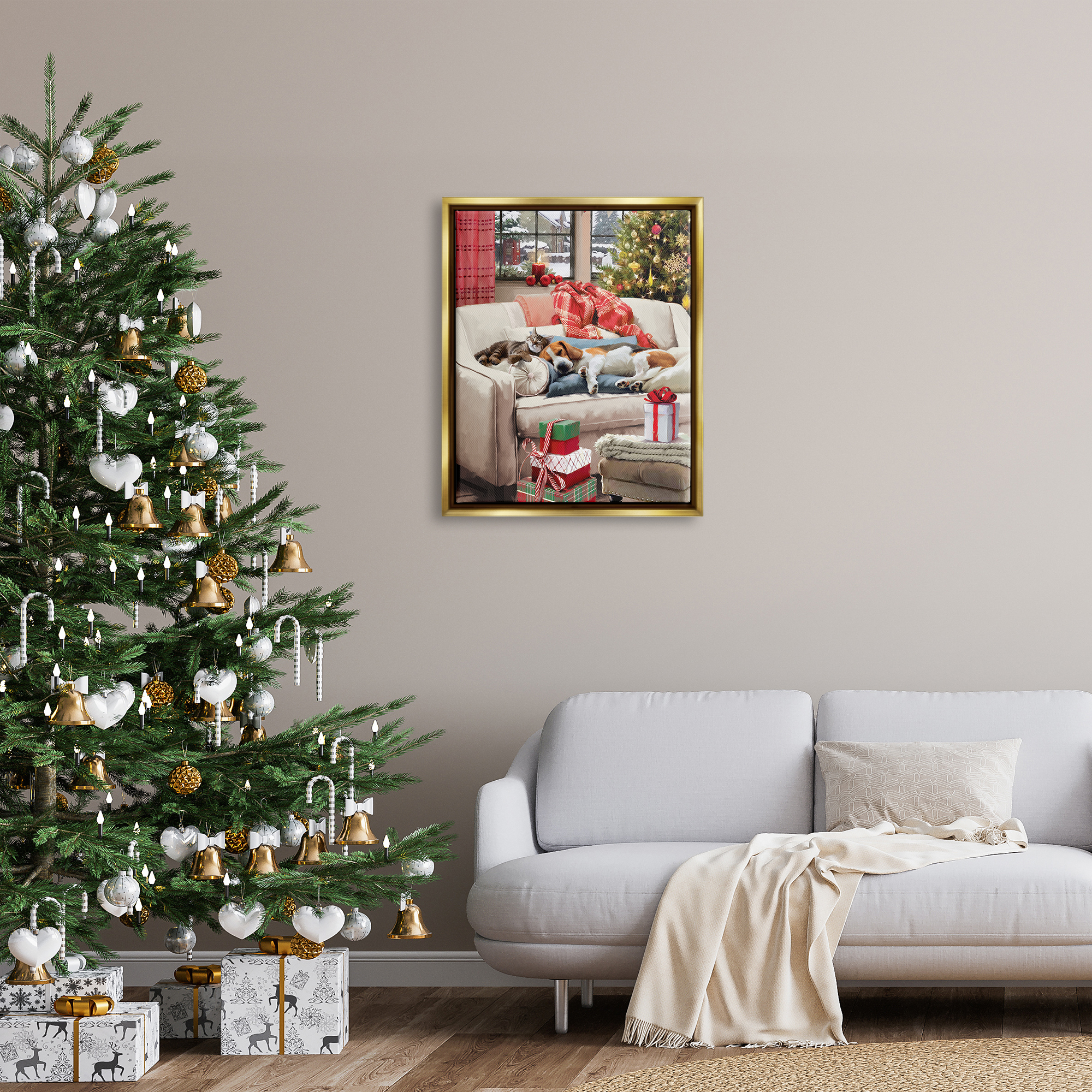 Stupell Industries Pets on Holiday Couch Holiday Painting Gold Floater Framed Canvas Art Print Wall Art, 25 x 31