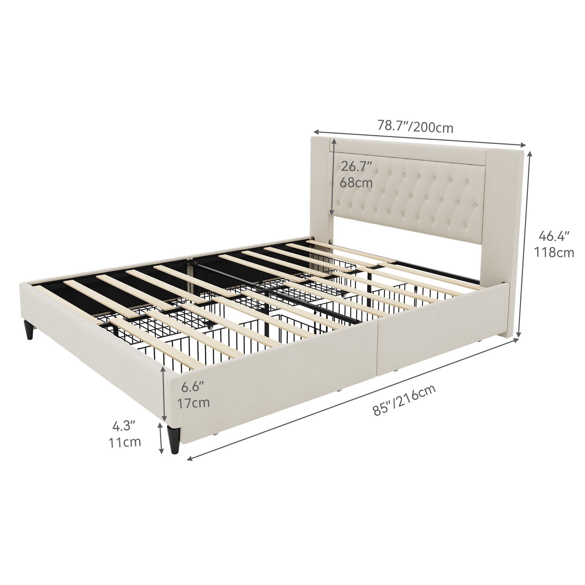 Dextrus King Size Storage Bed Frame with Headboard & 4 Drawers,No Box Spring Needed, Beige
