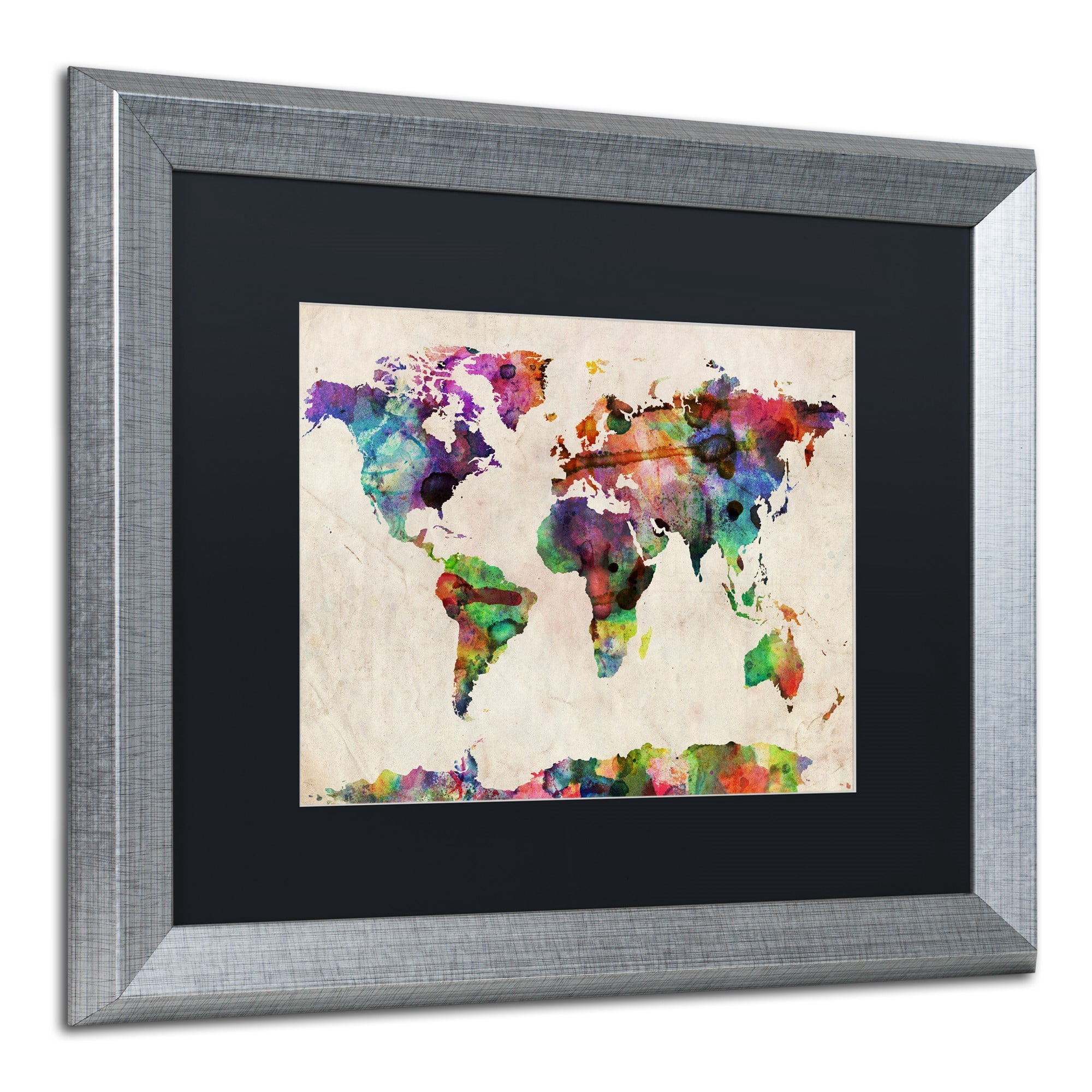 Trademark Fine Art ''Urban Watercolor World Map'' by Michael Tompsett 16" x 20" Black Matted Silver Frame (MT0013-S1620BMF)