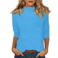 thumbnail image 2 of Mock Neck Tops for Women Basic 3/4 Sleeve Layering Shirts Dressy Casual Loose Lightweight Turtleneck Tops Cyan S, 2 of 7