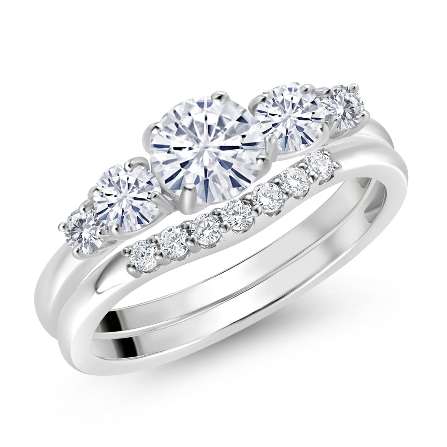 Gem Stone King 10K White Gold White Moissanite and White Lab Grown Diamond 5 Stone Bridal Engagement Wedding Ring Set for Women (0.81 Cttw, Round: 5MM and 3MM, Size 7)