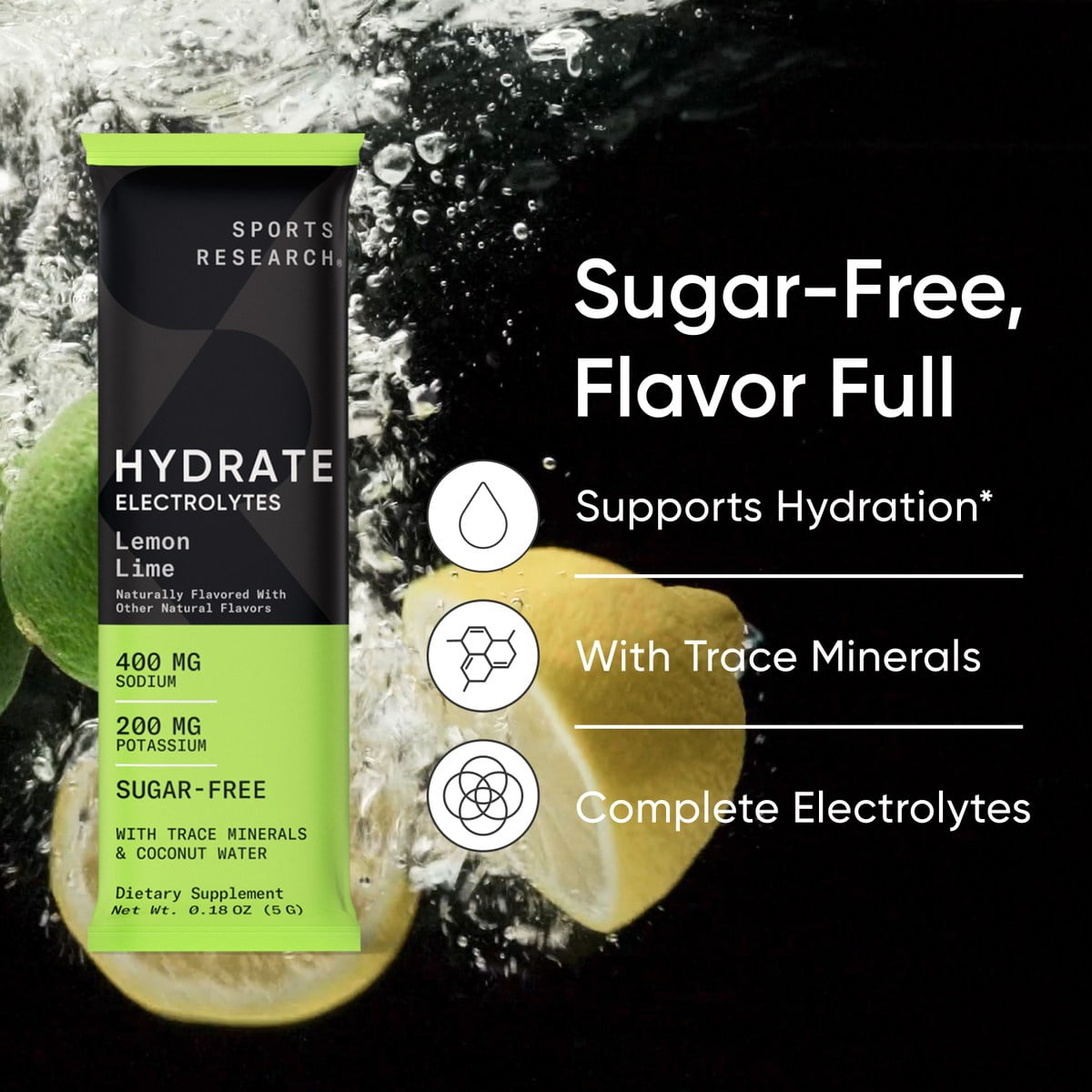 Sports Research® Electrolyte Powder Packets Lemon Lime Flavor Hydration & Recovery Boost (16 Packets)