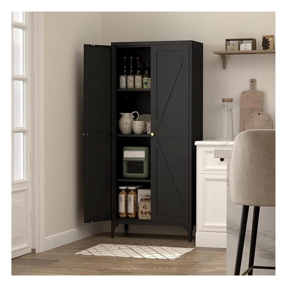 Kitchen Pantry Storage Cabinet, Laundry Room Cabinet, 65" H Living Room Storage, Black Cabinets with Doors and Adjustable Shelves, Food Pantry Cabinets, Heavy Duty